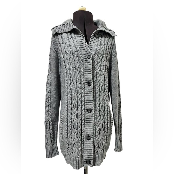 L.L. Bean Gray Chunky Cable Knit Button Up Cardigan Sweater Size S - Picture 7 of 13